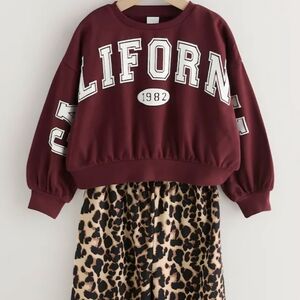 Next Maroon Graphic Sweatshirt and Animal Print Skirt Set